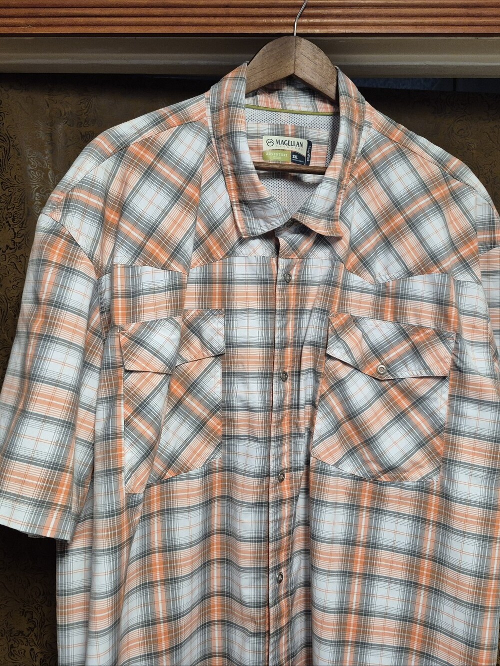 Magellan Outdoors Men’s Orange Plaid Short-Sleeve Button-Up Shirt